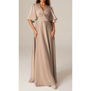 AW BRIDAL SZ 4 S taupe Elinore satin wedding cocktail party maxi dress NEW B39